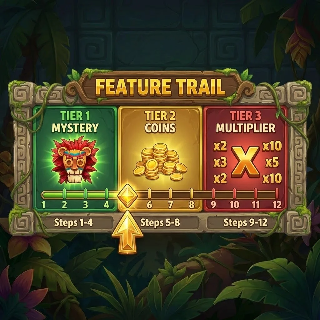 Barra de progresión del Feature Trail de Beast Gains — Tier 1 Mystery, Tier 2 Monedas, Tier 3 Multiplicador